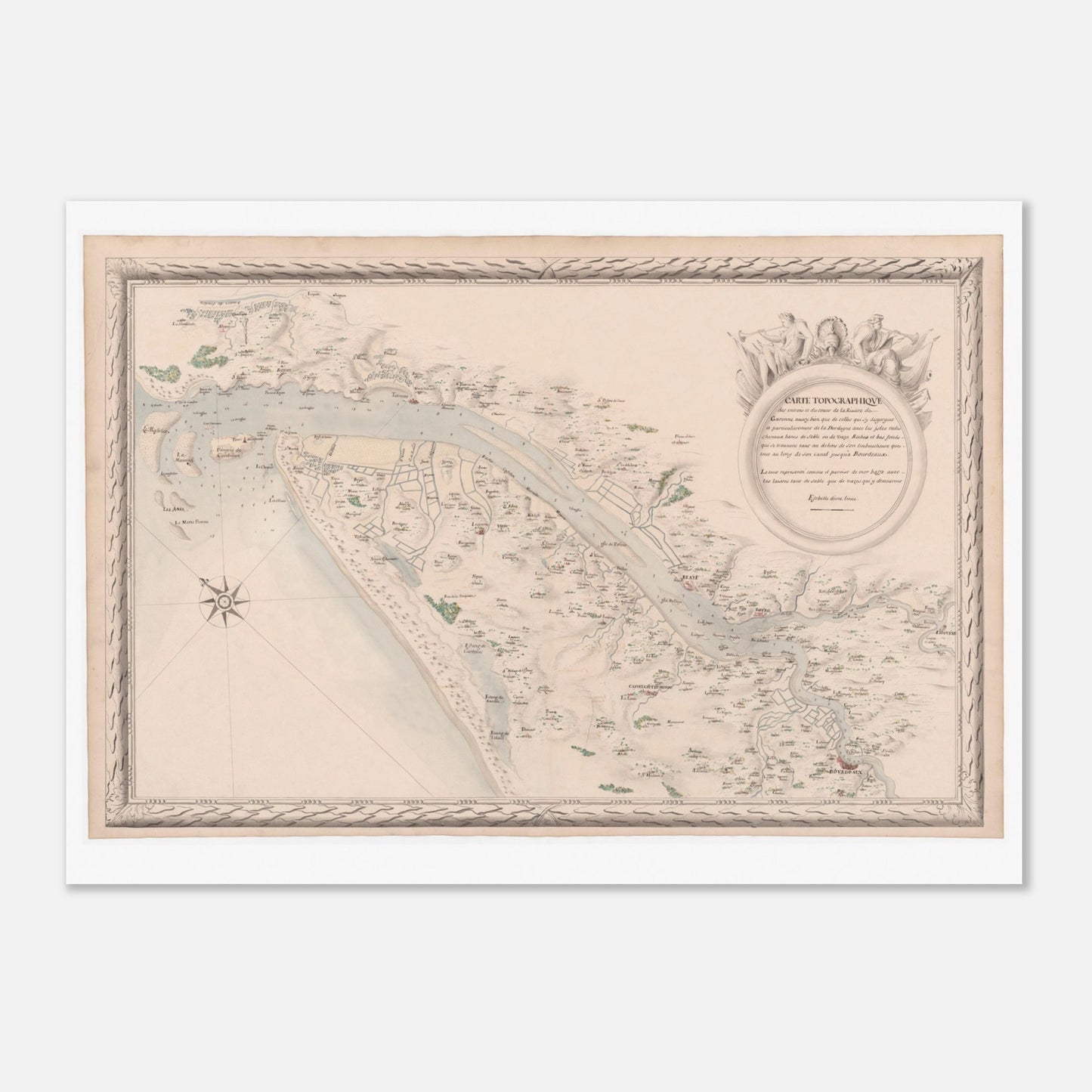 Planche ancienne : Carte de la Garonne et de la Dordogne vers Bordeaux (50x70 cm). Carte topographique de la Garonne et de la Dordogne jusqu'à Bordeaux, montrant le fleuve, ses affluents, les villes et les terres, avec une vignette décorative.