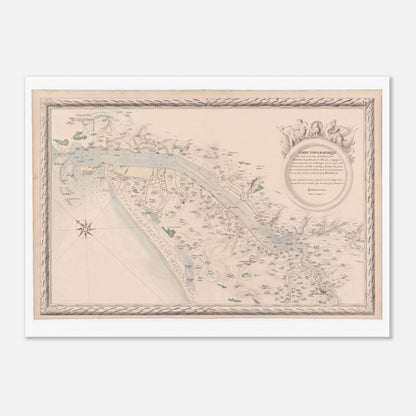Planche ancienne : Carte de la Garonne et de la Dordogne vers Bordeaux (50x70 cm). Carte topographique de la Garonne et de la Dordogne jusqu'à Bordeaux, montrant le fleuve, ses affluents, les villes et les terres, avec une vignette décorative.