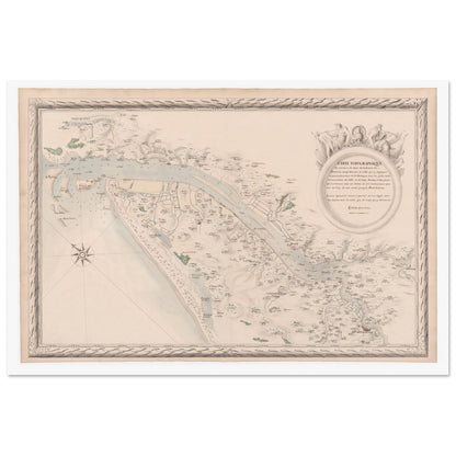 Planche ancienne : Carte de la Garonne et de la Dordogne vers Bordeaux. Carte topographique de la Garonne et de la Dordogne jusqu'à Bordeaux, montrant le fleuve, ses affluents, les villes et les terres, avec une vignette décorative. Image d'illustration 7