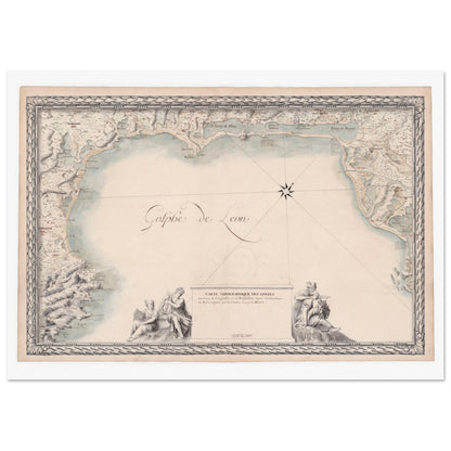 Planche ancienne : Carte du Languedoc et du Roussillon (1680). Carte topographique ancienne des côtes maritimes du Languedoc et du Roussillon, depuis l'embouchure du Rhône jusqu'à Port-Vendres, avec des ornements et des allégories. Image d'illustration 3
