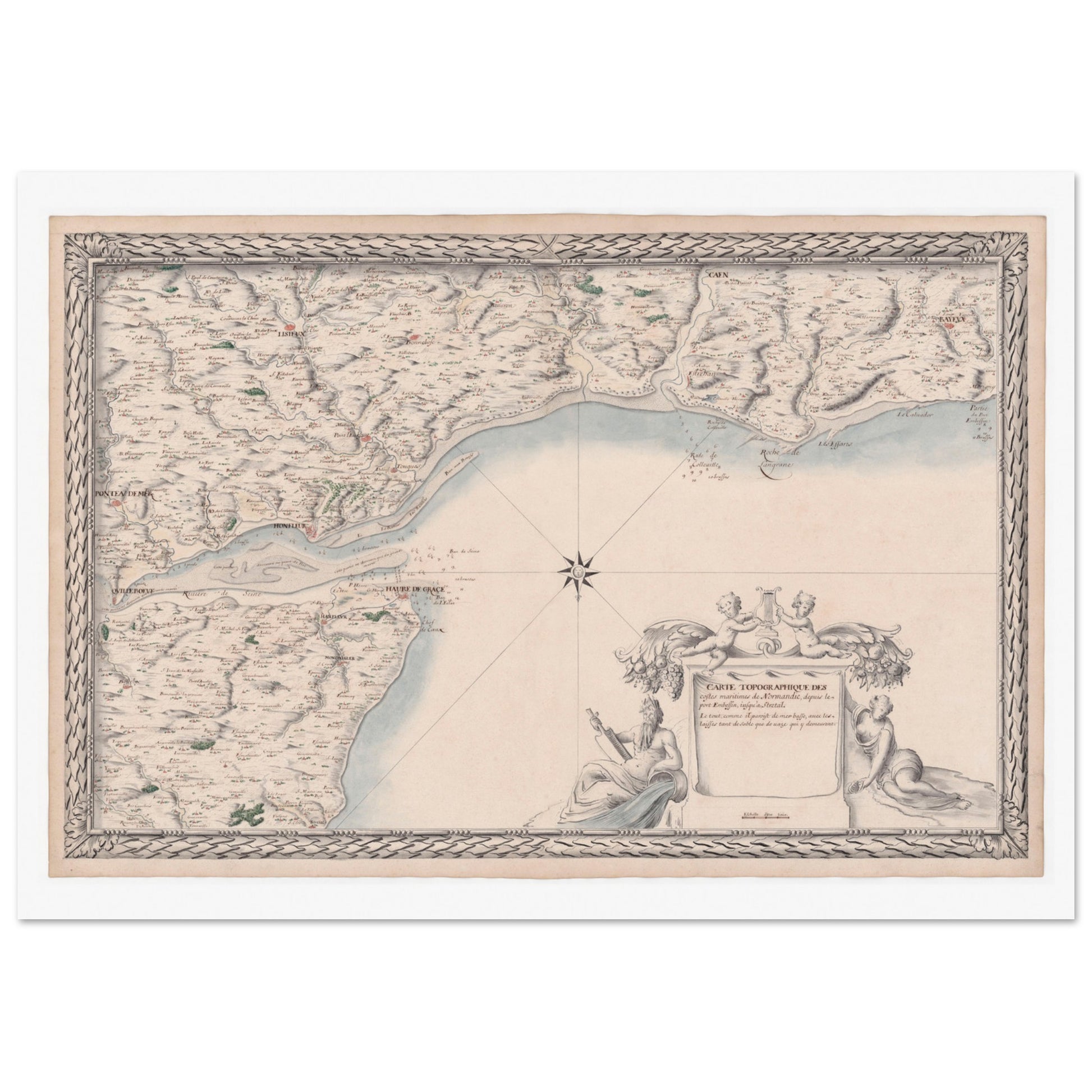 Carte ancienne des côtes de Normandie : de Port-en-Bessin à Étretat. Carte ancienne des côtes de Normandie, du Port-en-Bessin à Étretat, détaillant le littoral, les villes et les estuaires, avec une vignette allégorique. Image d'illustration 3
