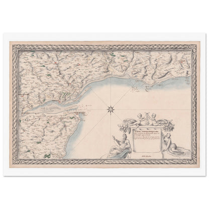 Carte ancienne des côtes de Normandie : de Port-en-Bessin à Étretat. Carte ancienne des côtes de Normandie, du Port-en-Bessin à Étretat, détaillant le littoral, les villes et les estuaires, avec une vignette allégorique. Image d'illustration 3
