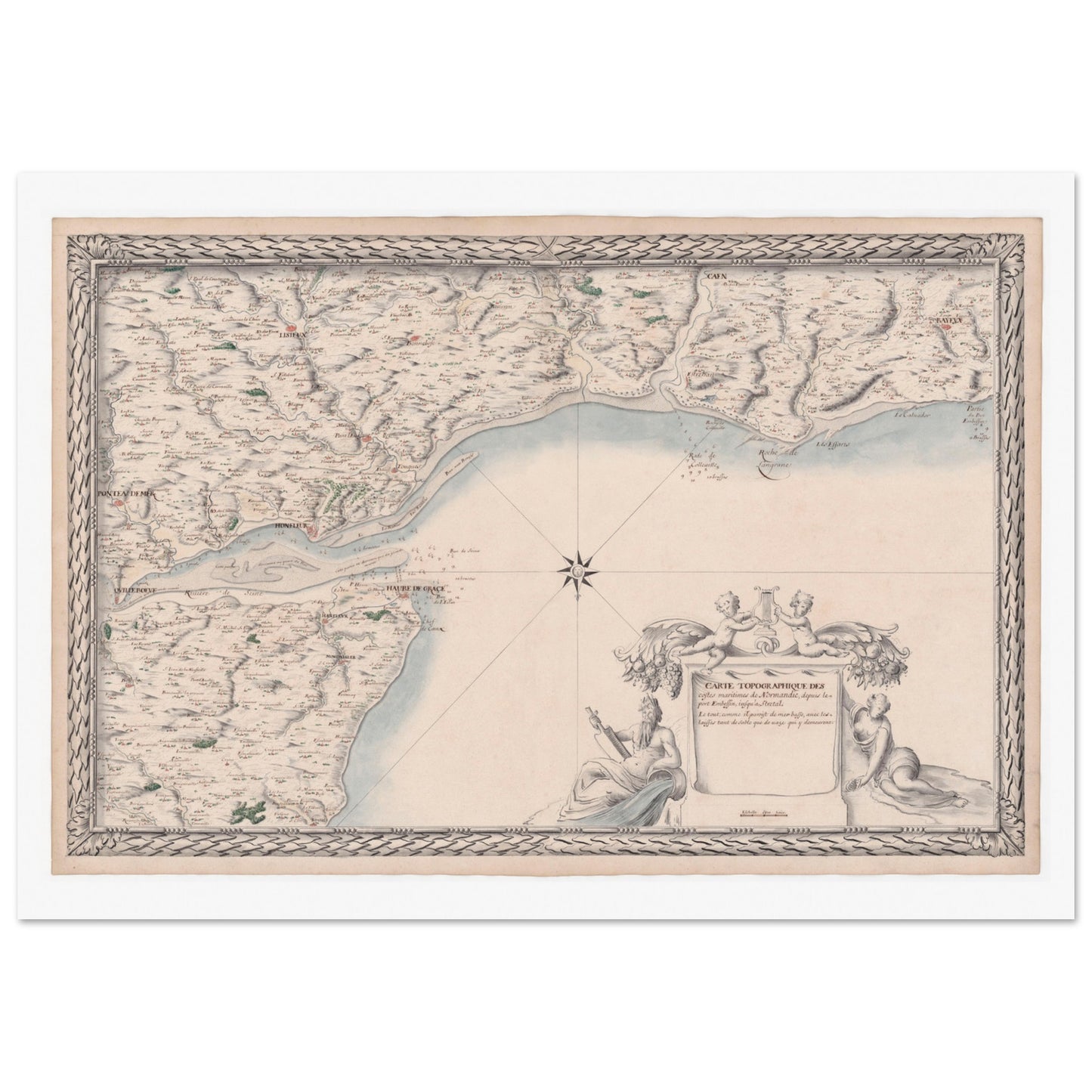 Carte ancienne des côtes de Normandie : de Port-en-Bessin à Étretat. Carte ancienne des côtes de Normandie, du Port-en-Bessin à Étretat, détaillant le littoral, les villes et les estuaires, avec une vignette allégorique. Image d'illustration 4