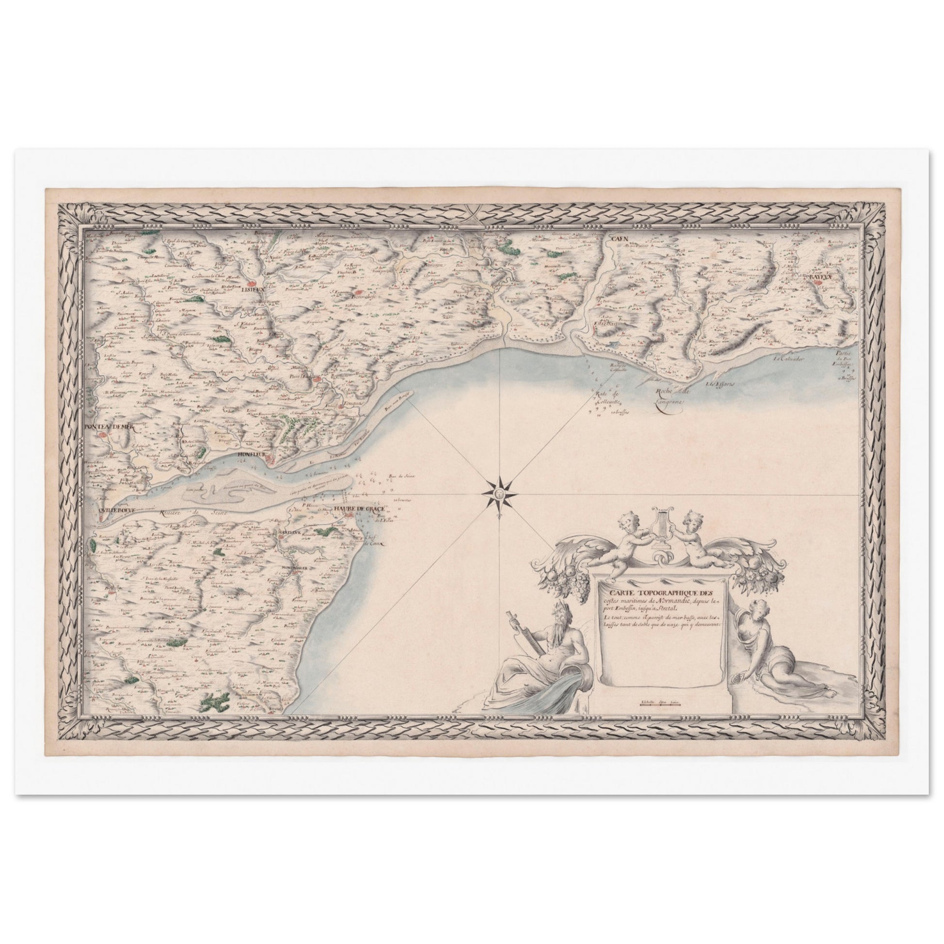 Carte ancienne des côtes de Normandie : de Port-en-Bessin à Étretat. Carte ancienne des côtes de Normandie, du Port-en-Bessin à Étretat, détaillant le littoral, les villes et les estuaires, avec une vignette allégorique. Image d'illustration 4