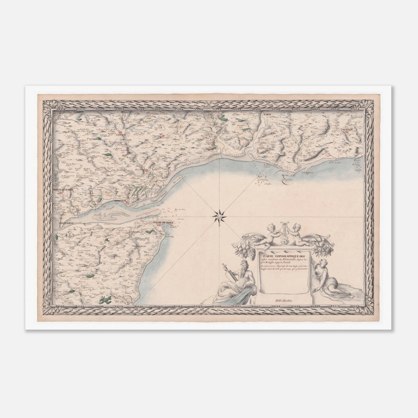 Carte ancienne des côtes de Normandie : de Port-en-Bessin à Étretat (60x90 cm). Carte ancienne des côtes de Normandie, du Port-en-Bessin à Étretat, détaillant le littoral, les villes et les estuaires, avec une vignette allégorique.