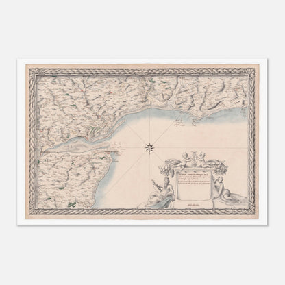 Carte ancienne des côtes de Normandie : de Port-en-Bessin à Étretat (60x90 cm). Carte ancienne des côtes de Normandie, du Port-en-Bessin à Étretat, détaillant le littoral, les villes et les estuaires, avec une vignette allégorique.