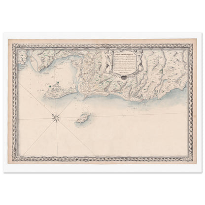 Planche ancienne : Carte des côtes du Poitou et de Noirmoutier. Carte topographique ancienne des côtes maritimes de Poitou, de La Tranche-sur-Mer à Saint Sébastien, incluant l'île d'Yeu et Noirmoutier, avec des ornements et une rose des vents. Image d'illustration 3