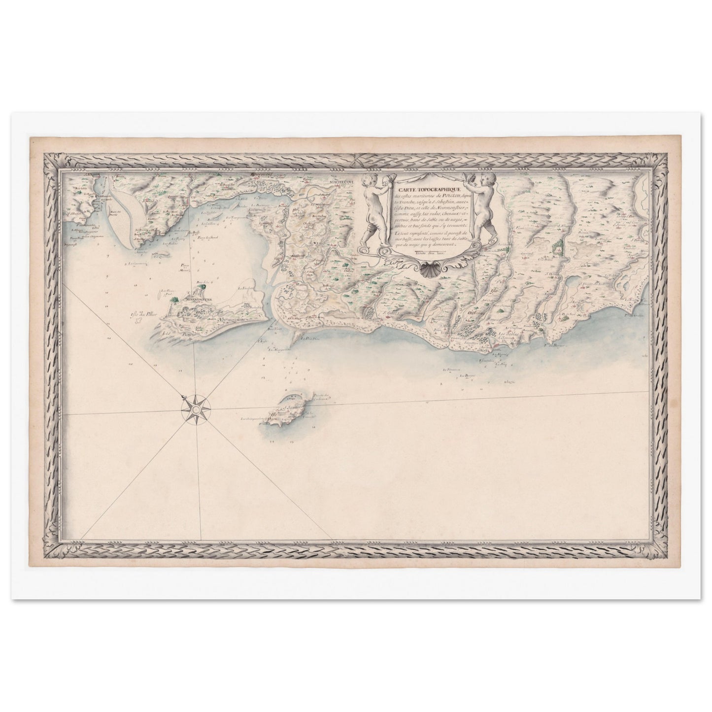 Planche ancienne : Carte des côtes du Poitou et de Noirmoutier. Carte topographique ancienne des côtes maritimes de Poitou, de La Tranche-sur-Mer à Saint Sébastien, incluant l'île d'Yeu et Noirmoutier, avec des ornements et une rose des vents. Image d'illustration 4