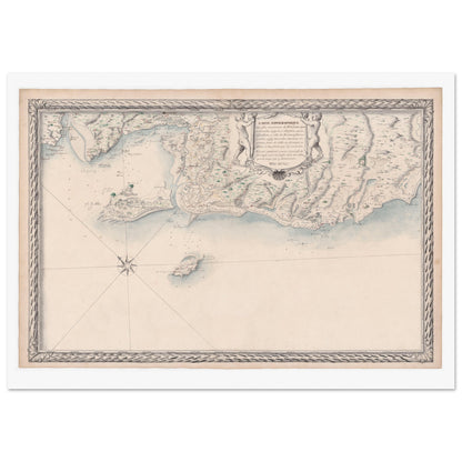 Planche ancienne : Carte des côtes du Poitou et de Noirmoutier. Carte topographique ancienne des côtes maritimes de Poitou, de La Tranche-sur-Mer à Saint Sébastien, incluant l'île d'Yeu et Noirmoutier, avec des ornements et une rose des vents. Image d'illustration 4