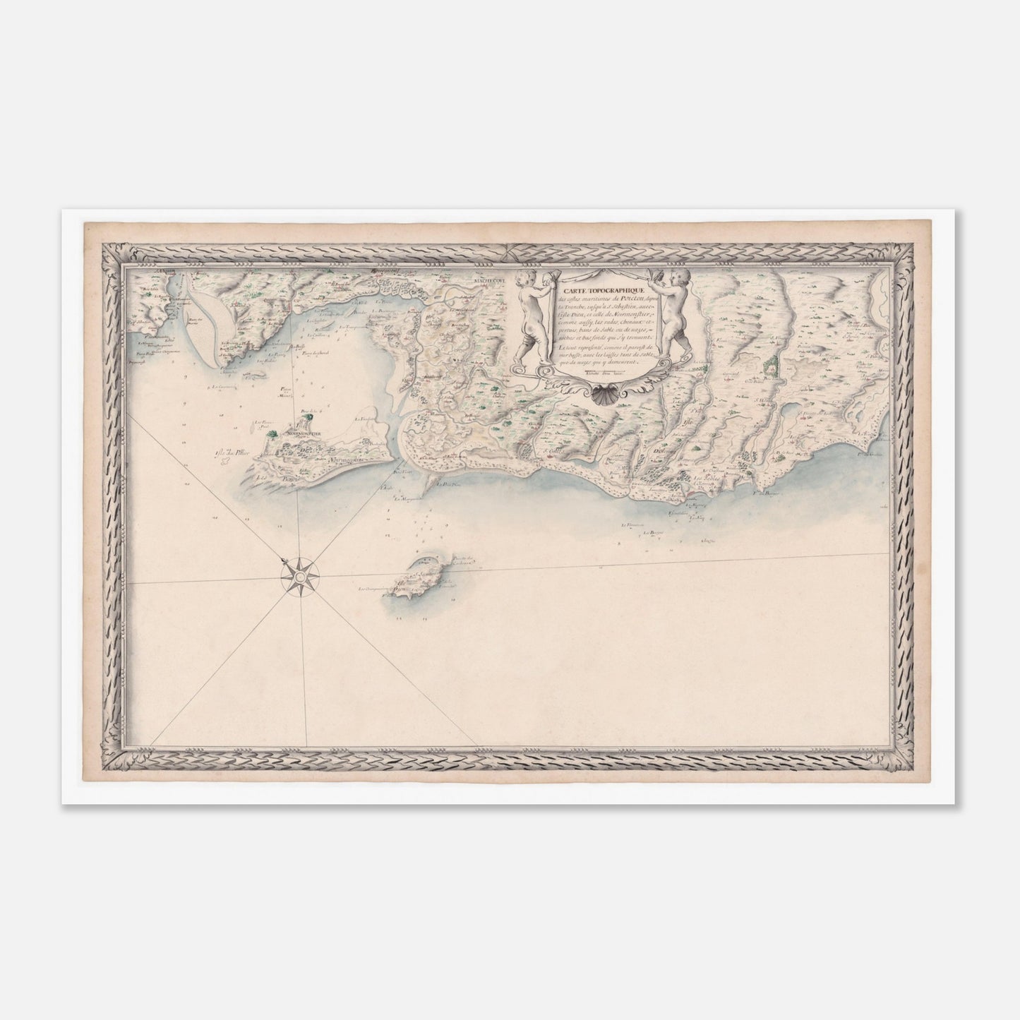 Planche ancienne : Carte des côtes du Poitou et de Noirmoutier (40x60 cm). Carte topographique ancienne des côtes maritimes de Poitou, de La Tranche-sur-Mer à Saint Sébastien, incluant l'île d'Yeu et Noirmoutier, avec des ornements et une rose des vents.