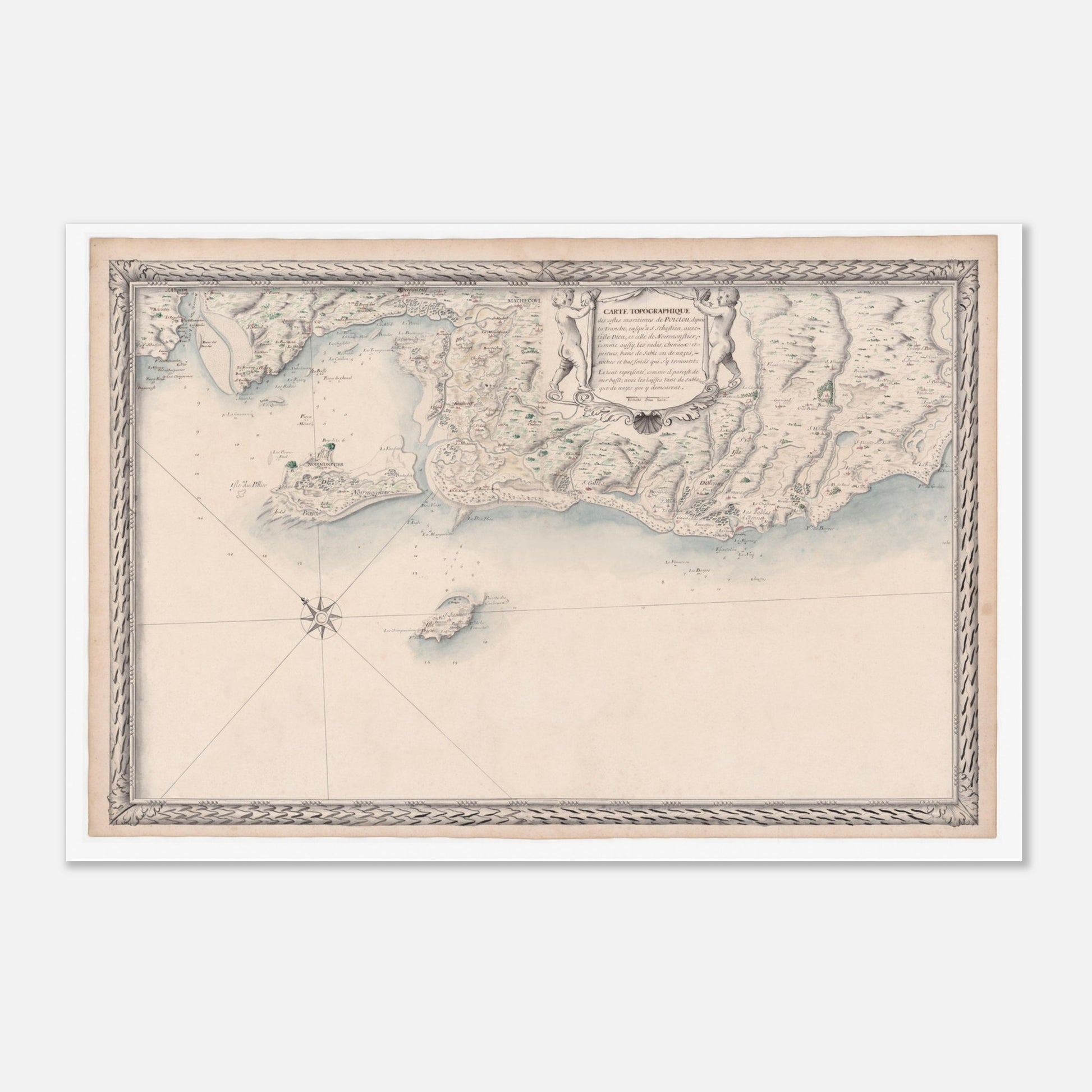 Planche ancienne : Carte des côtes du Poitou et de Noirmoutier (40x60 cm). Carte topographique ancienne des côtes maritimes de Poitou, de La Tranche-sur-Mer à Saint Sébastien, incluant l'île d'Yeu et Noirmoutier, avec des ornements et une rose des vents.