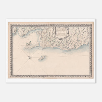 Planche ancienne : Carte des côtes du Poitou et de Noirmoutier (50x70 cm). Carte topographique ancienne des côtes maritimes de Poitou, de La Tranche-sur-Mer à Saint Sébastien, incluant l'île d'Yeu et Noirmoutier, avec des ornements et une rose des vents.