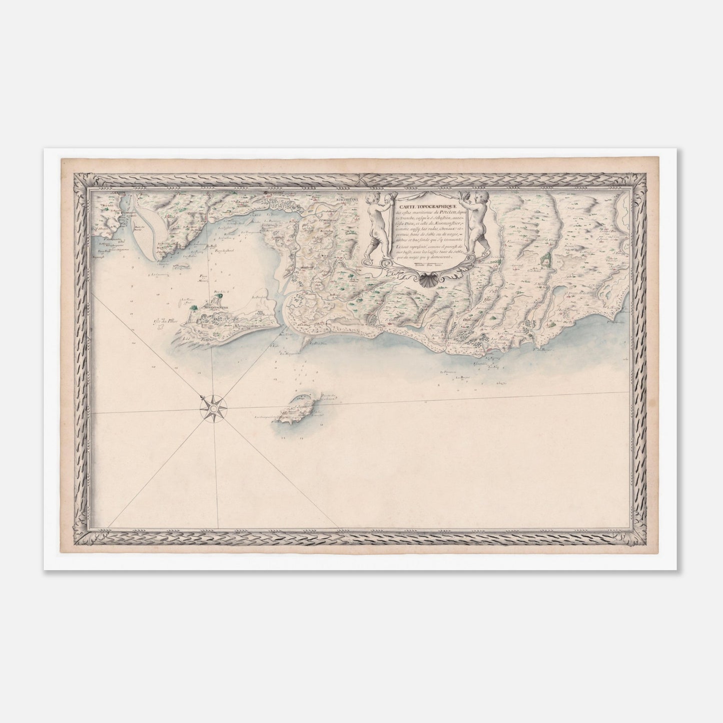 Planche ancienne : Carte des côtes du Poitou et de Noirmoutier (60x90 cm). Carte topographique ancienne des côtes maritimes de Poitou, de La Tranche-sur-Mer à Saint Sébastien, incluant l'île d'Yeu et Noirmoutier, avec des ornements et une rose des vents.