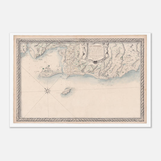 Planche ancienne : Carte des côtes du Poitou et de Noirmoutier (60x90 cm). Carte topographique ancienne des côtes maritimes de Poitou, de La Tranche-sur-Mer à Saint Sébastien, incluant l'île d'Yeu et Noirmoutier, avec des ornements et une rose des vents.