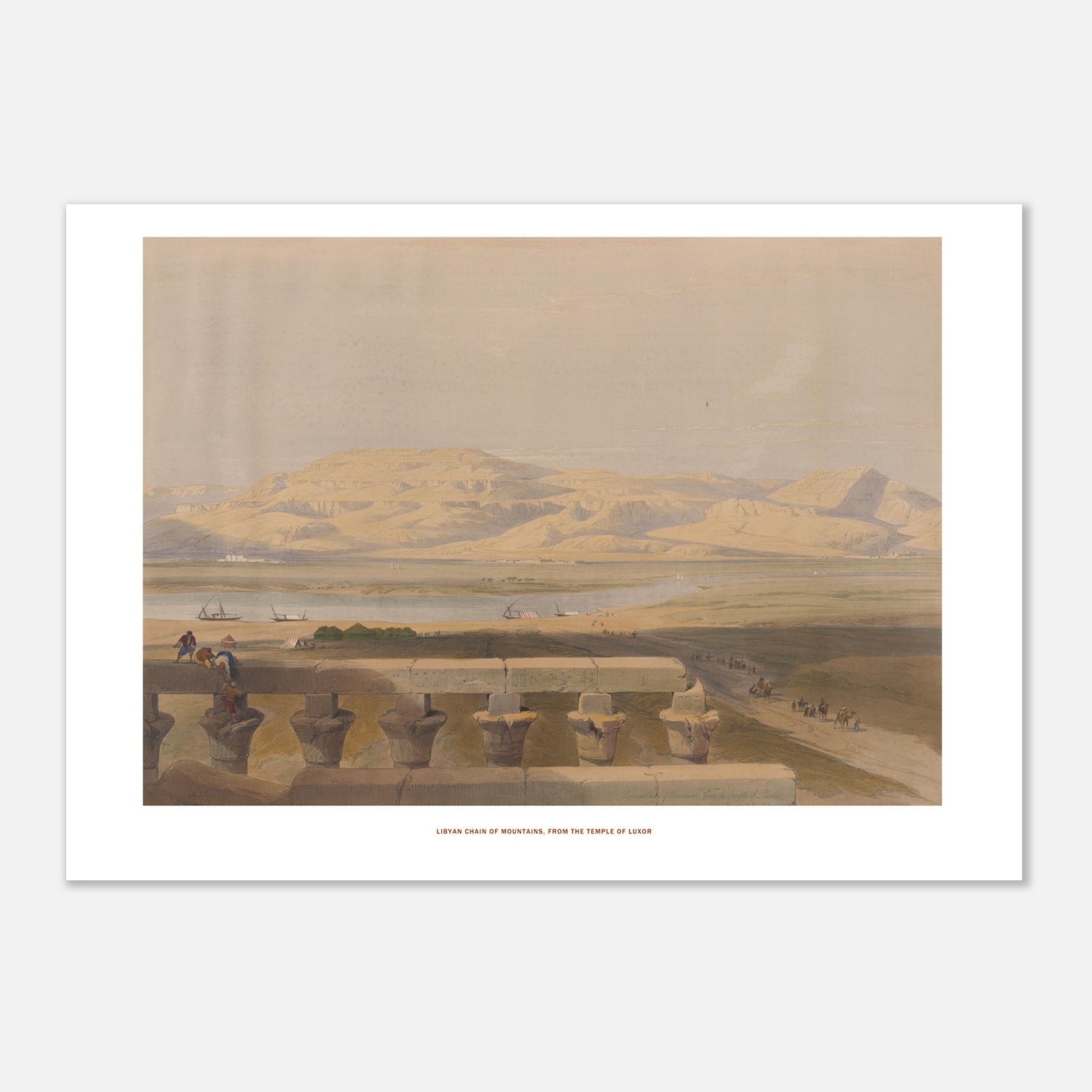 Vue de la chaîne libyenne de montagnes depuis Louxor - David Roberts (21x29,7 cm (A4)). Paysage du Nil avec la chaîne libyenne de montagnes en arrière-plan, des bateaux sur le fleuve et une balustrade ornée au premier plan.