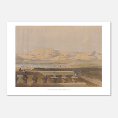 Vue de la chaîne libyenne de montagnes depuis Louxor - David Roberts (21x29,7 cm (A4)). Paysage du Nil avec la chaîne libyenne de montagnes en arrière-plan, des bateaux sur le fleuve et une balustrade ornée au premier plan.