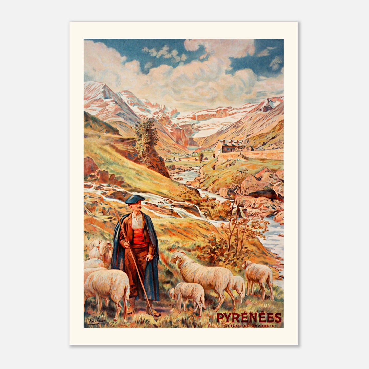 Affiche vintage Cirque de Gavarnie par Th&eacute;ophile Poilpot (29,7x42 cm (A3)). Une affiche vintage du Cirque de Gavarnie dans les Pyrénées, présentant un berger avec un troupeau de moutons dans un paysage de montagne.