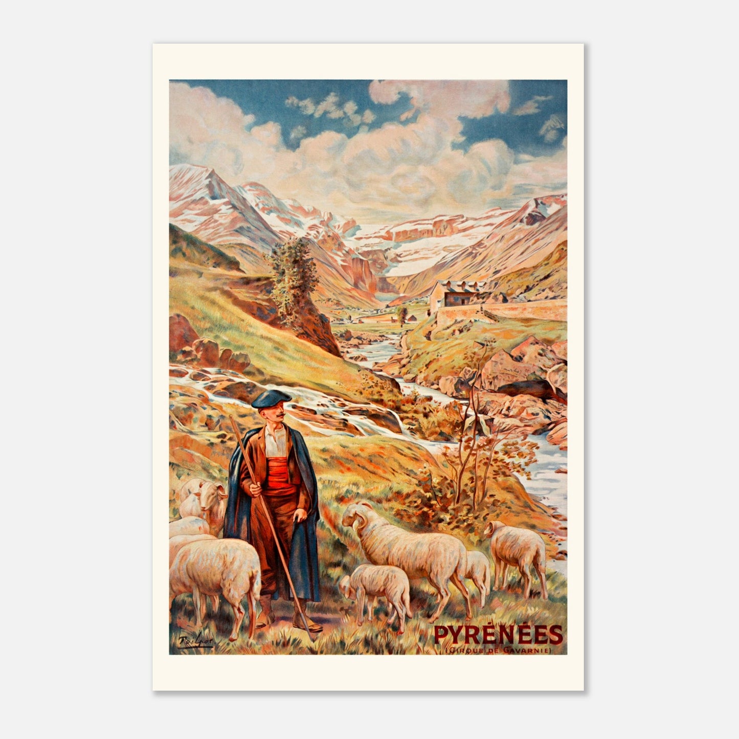 Affiche vintage Cirque de Gavarnie par Th&eacute;ophile Poilpot (30x45 cm). Une affiche vintage du Cirque de Gavarnie dans les Pyrénées, présentant un berger avec un troupeau de moutons dans un paysage de montagne.