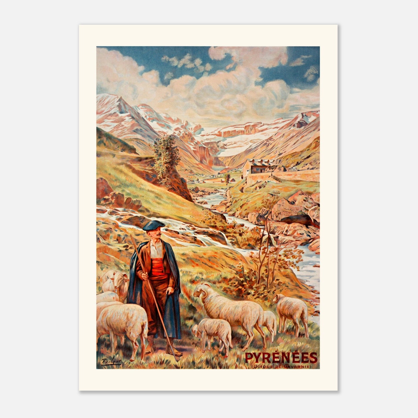Affiche vintage Cirque de Gavarnie par Th&eacute;ophile Poilpot (59,4x84,1 cm (A1)). Une affiche vintage du Cirque de Gavarnie dans les Pyrénées, présentant un berger avec un troupeau de moutons dans un paysage de montagne.