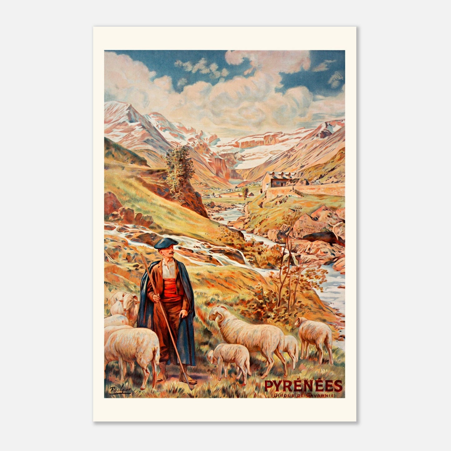 Affiche vintage Cirque de Gavarnie par Th&eacute;ophile Poilpot (60x90 cm). Une affiche vintage du Cirque de Gavarnie dans les Pyrénées, présentant un berger avec un troupeau de moutons dans un paysage de montagne.