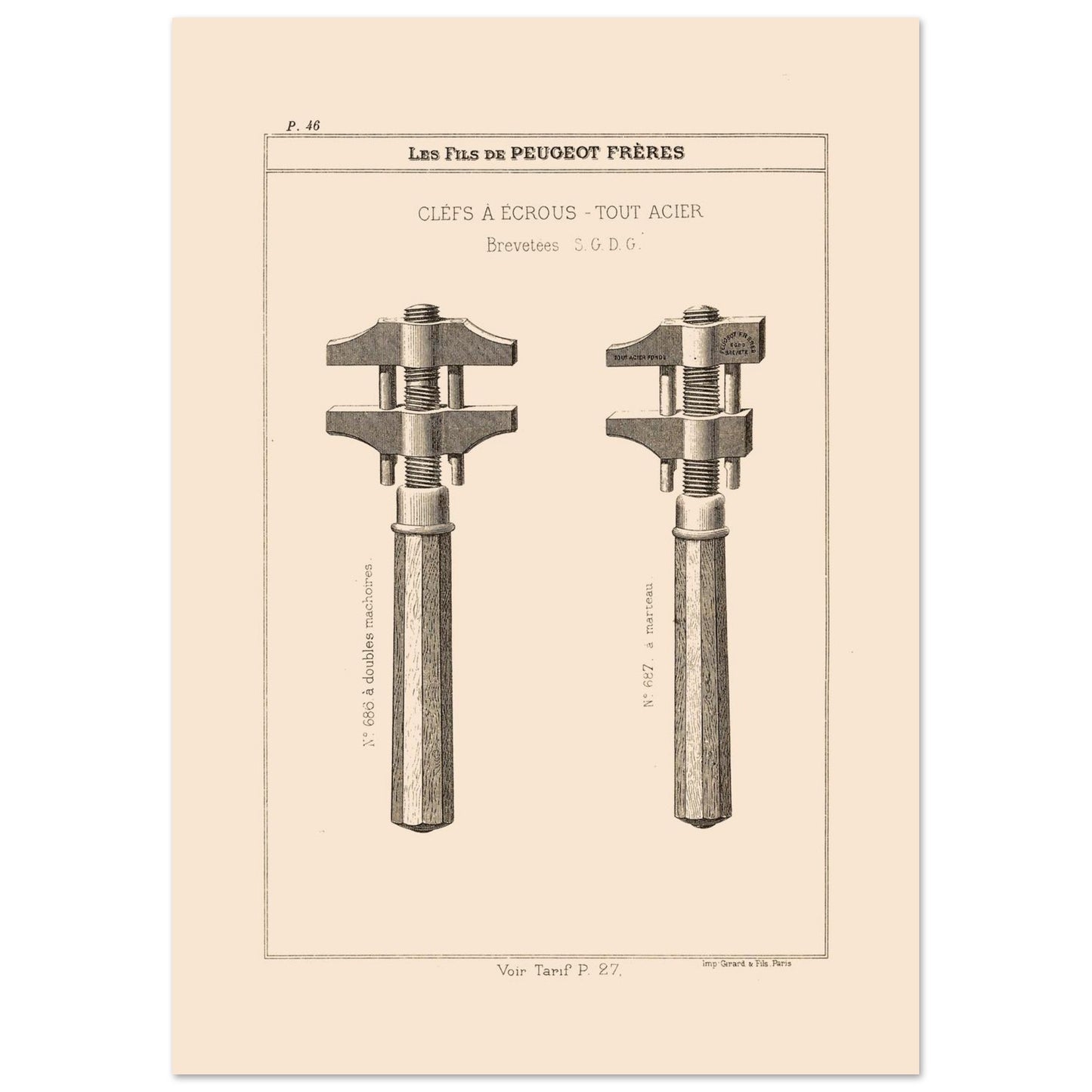 Illustration de clés à écrous en acier, catalogue Peugeot Frères 1885 (21x29,7 cm (A4)). Gravure du catalogue Peugeot Frères représentant deux clés à écrous en acier avec des numéros et descriptions.