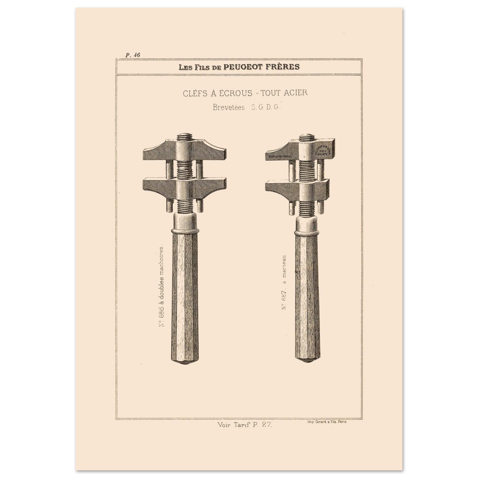 Illustration de clés à écrous en acier, catalogue Peugeot Frères 1885 (21x29,7 cm (A4)). Gravure du catalogue Peugeot Frères représentant deux clés à écrous en acier avec des numéros et descriptions.