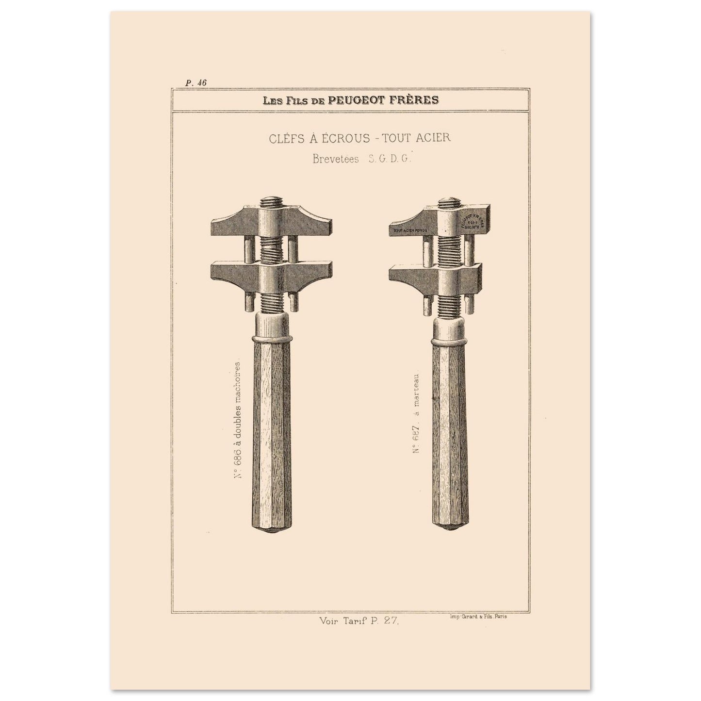 Illustration de clés à écrous en acier, catalogue Peugeot Frères 1885 (29,7x42 cm (A3)). Gravure du catalogue Peugeot Frères représentant deux clés à écrous en acier avec des numéros et descriptions.