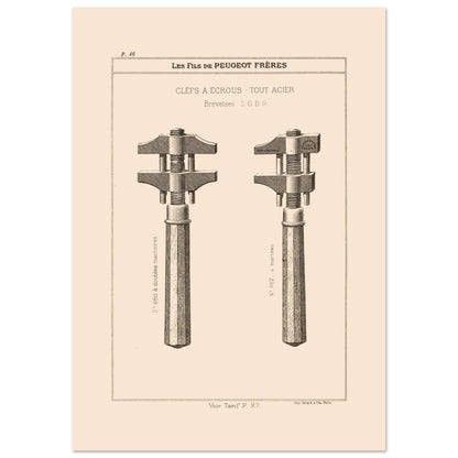 Illustration de clés à écrous en acier, catalogue Peugeot Frères 1885 (29,7x42 cm (A3)). Gravure du catalogue Peugeot Frères représentant deux clés à écrous en acier avec des numéros et descriptions.