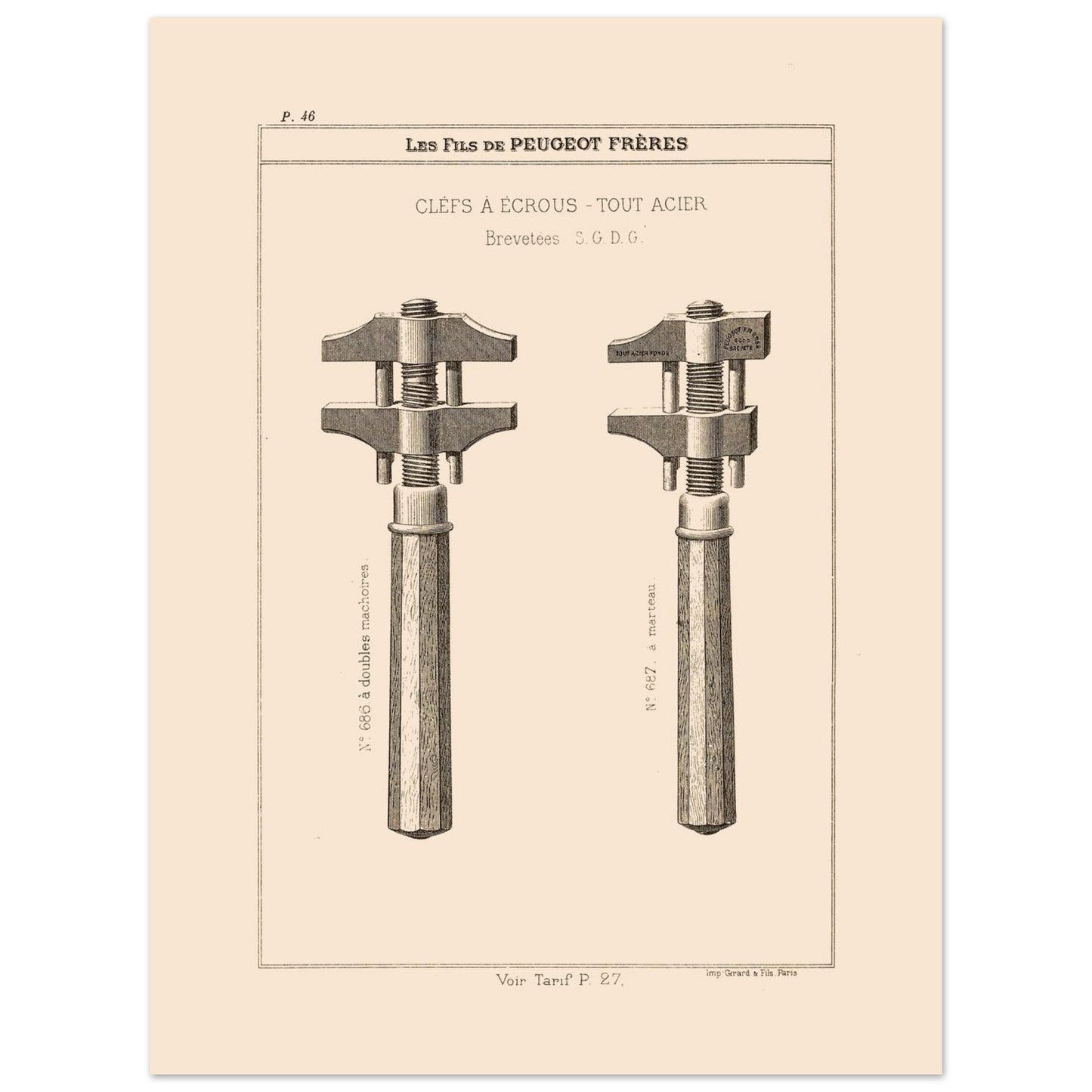 Illustration de clés à écrous en acier, catalogue Peugeot Frères 1885 (30x40 cm). Gravure du catalogue Peugeot Frères représentant deux clés à écrous en acier avec des numéros et descriptions.