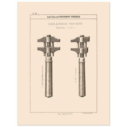 Illustration de clés à écrous en acier, catalogue Peugeot Frères 1885 (30x40 cm). Gravure du catalogue Peugeot Frères représentant deux clés à écrous en acier avec des numéros et descriptions.