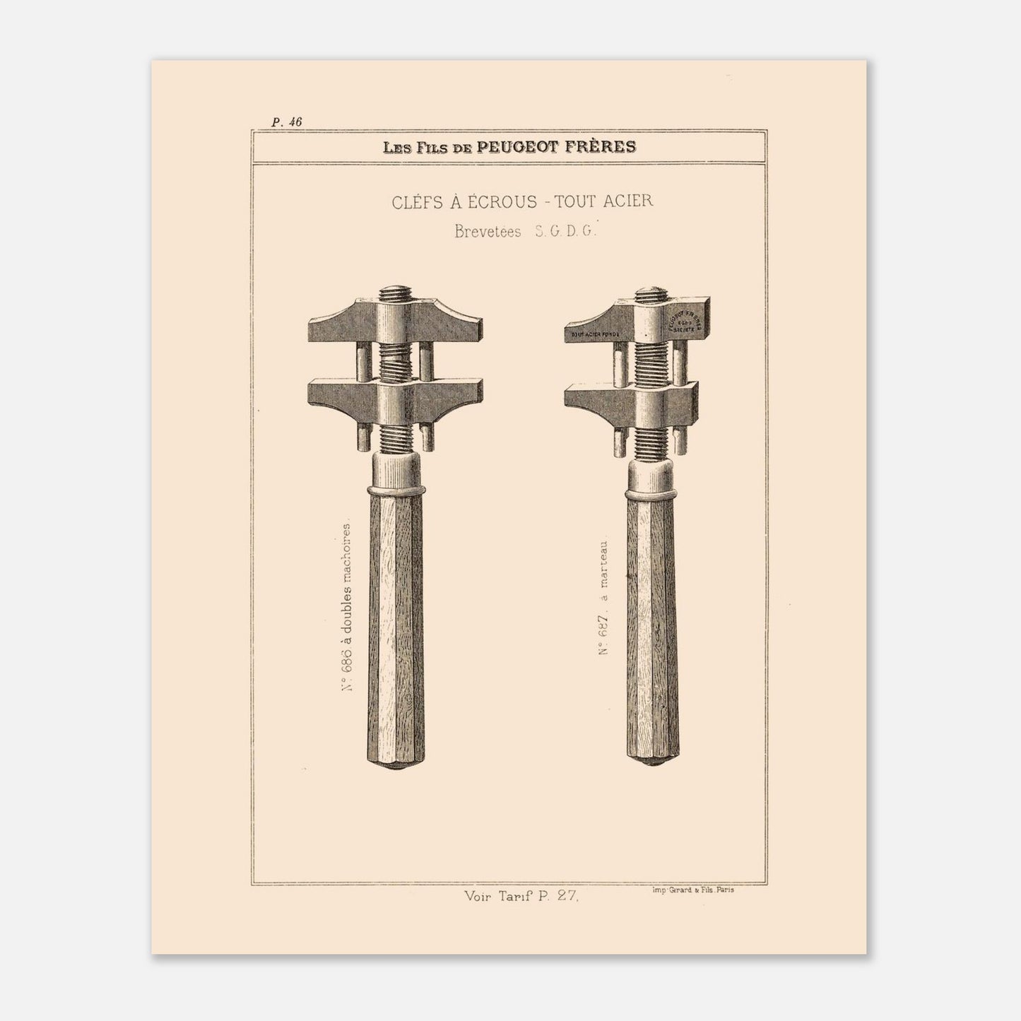 Illustration de clés à écrous en acier, catalogue Peugeot Frères 1885. Gravure du catalogue Peugeot Frères représentant deux clés à écrous en acier avec des numéros et descriptions. Image d'illustration 4