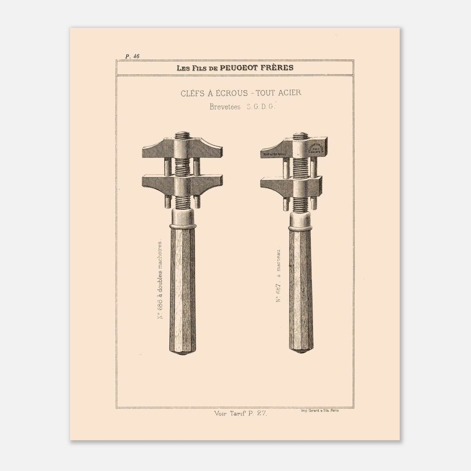 Illustration de clés à écrous en acier, catalogue Peugeot Frères 1885. Gravure du catalogue Peugeot Frères représentant deux clés à écrous en acier avec des numéros et descriptions. Image d'illustration 4