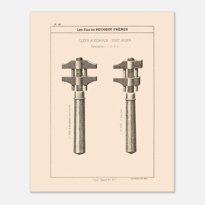 Illustration de clés à écrous en acier, catalogue Peugeot Frères 1885. Gravure du catalogue Peugeot Frères représentant deux clés à écrous en acier avec des numéros et descriptions. Image d'illustration 4