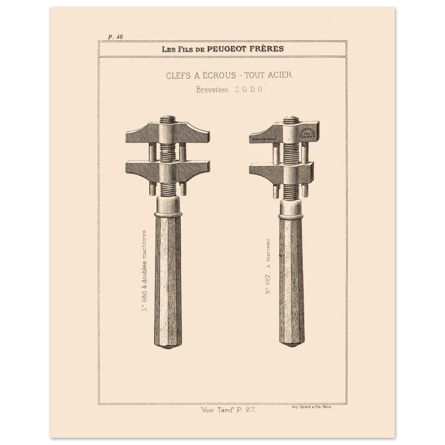 Illustration de clés à écrous en acier, catalogue Peugeot Frères 1885 (40x50 cm). Gravure du catalogue Peugeot Frères représentant deux clés à écrous en acier avec des numéros et descriptions.