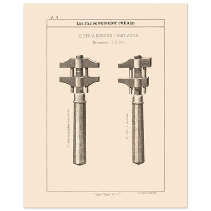 Illustration de clés à écrous en acier, catalogue Peugeot Frères 1885 (40x50 cm). Gravure du catalogue Peugeot Frères représentant deux clés à écrous en acier avec des numéros et descriptions.