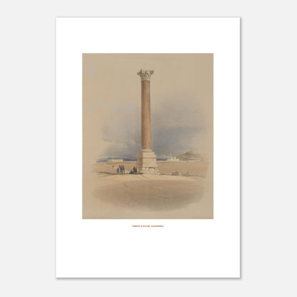 Planche ancienne de la Colonne de Pompée à Alexandrie par David Roberts (21x29,7 cm (A4)). Lithographie ancienne représentant la colonne de Pompée à Alexandrie, avec quelques figures humaines et un chameau au premier plan.