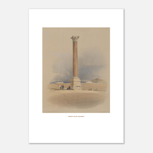 Planche ancienne de la Colonne de Pompée à Alexandrie par David Roberts (21x29,7 cm (A4)). Lithographie ancienne représentant la colonne de Pompée à Alexandrie, avec quelques figures humaines et un chameau au premier plan.