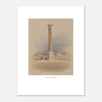 Planche ancienne de la Colonne de Pompée à Alexandrie par David Roberts (30x40 cm). Lithographie ancienne représentant la colonne de Pompée à Alexandrie, avec quelques figures humaines et un chameau au premier plan.