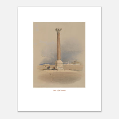 Planche ancienne de la Colonne de Pompée à Alexandrie par David Roberts (40x50 cm). Lithographie ancienne représentant la colonne de Pompée à Alexandrie, avec quelques figures humaines et un chameau au premier plan.