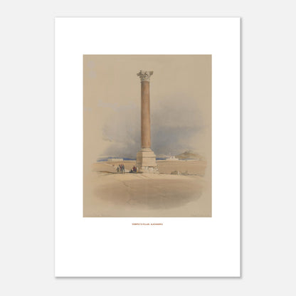 Planche ancienne de la Colonne de Pompée à Alexandrie par David Roberts (50x70 cm). Lithographie ancienne représentant la colonne de Pompée à Alexandrie, avec quelques figures humaines et un chameau au premier plan.