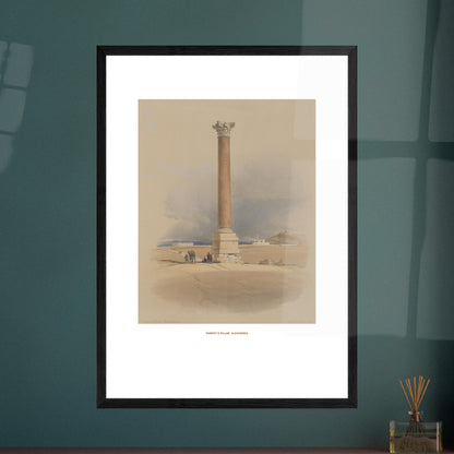 Planche ancienne de la Colonne de Pompée à Alexandrie par David Roberts. Lithographie ancienne représentant la colonne de Pompée à Alexandrie, avec quelques figures humaines et un chameau au premier plan. Image d'illustration 7