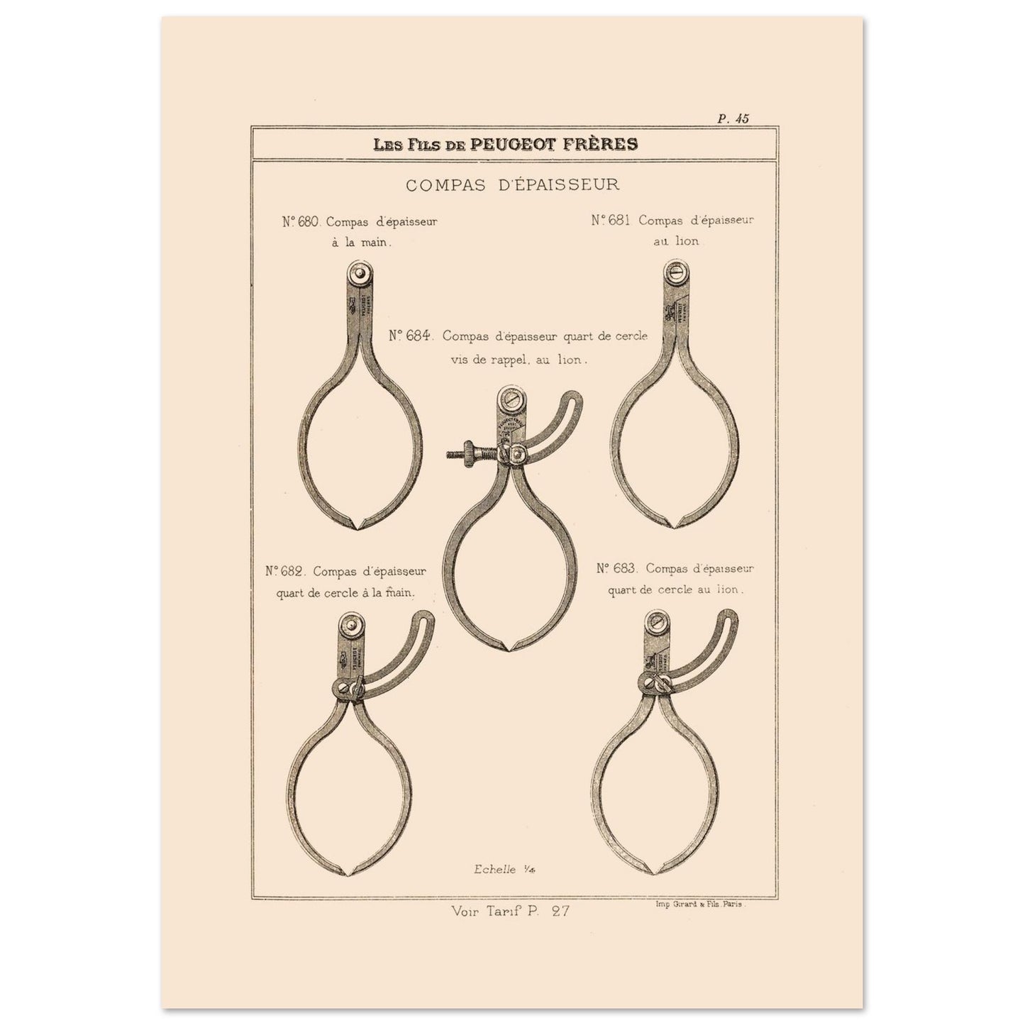 Planche de compas d'épaisseur — Gravure du catalogue Peugeot Frères (1885) (21x29,7 cm (A4)). Gravure du catalogue Peugeot Frères illustrant cinq types de compas d'épaisseur, avec leurs numéros et descriptions.