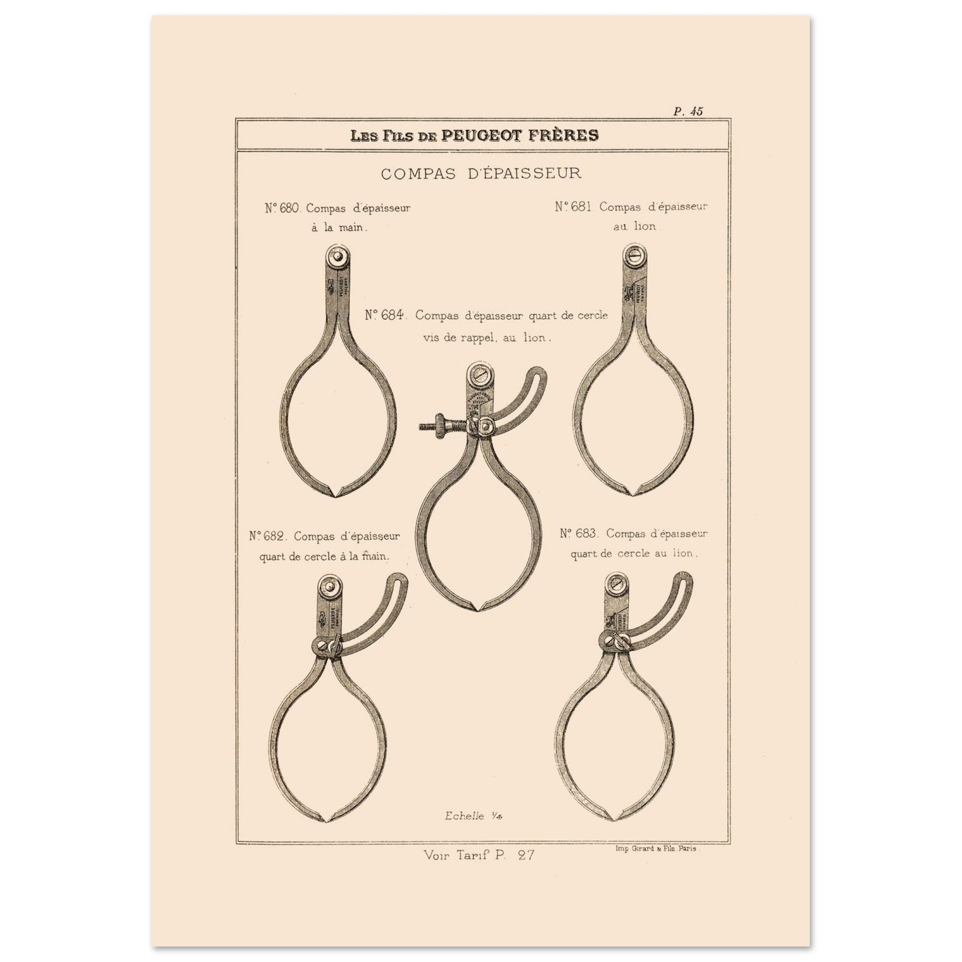 Planche de compas d'épaisseur — Gravure du catalogue Peugeot Frères (1885) (21x29,7 cm (A4)). Gravure du catalogue Peugeot Frères illustrant cinq types de compas d'épaisseur, avec leurs numéros et descriptions.