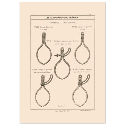 Planche de compas d'épaisseur — Gravure du catalogue Peugeot Frères (1885) (21x29,7 cm (A4)). Gravure du catalogue Peugeot Frères illustrant cinq types de compas d'épaisseur, avec leurs numéros et descriptions.