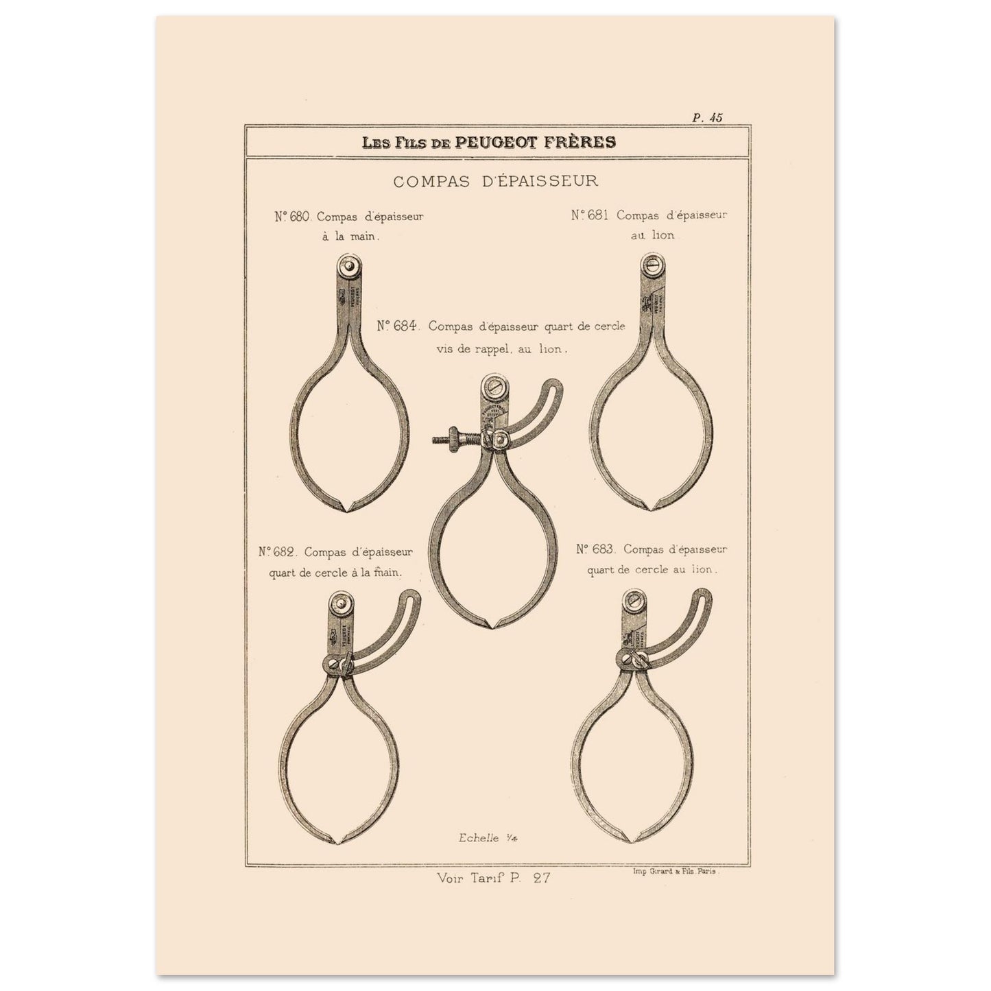 Planche de compas d'épaisseur — Gravure du catalogue Peugeot Frères (1885) (29,7x42 cm (A3)). Gravure du catalogue Peugeot Frères illustrant cinq types de compas d'épaisseur, avec leurs numéros et descriptions.