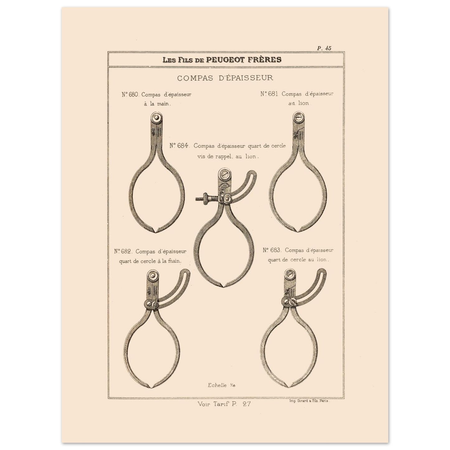 Planche de compas d'épaisseur — Gravure du catalogue Peugeot Frères (1885) (30x40 cm). Gravure du catalogue Peugeot Frères illustrant cinq types de compas d'épaisseur, avec leurs numéros et descriptions.