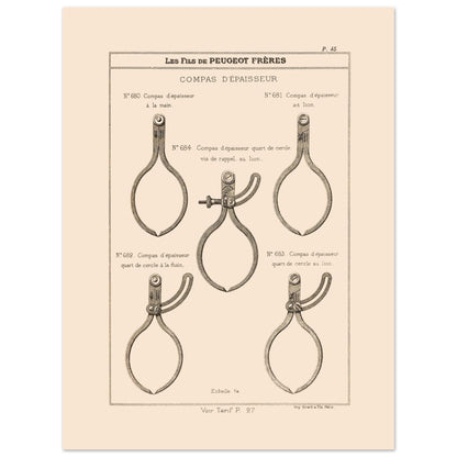 Planche de compas d'épaisseur — Gravure du catalogue Peugeot Frères (1885) (30x40 cm). Gravure du catalogue Peugeot Frères illustrant cinq types de compas d'épaisseur, avec leurs numéros et descriptions.