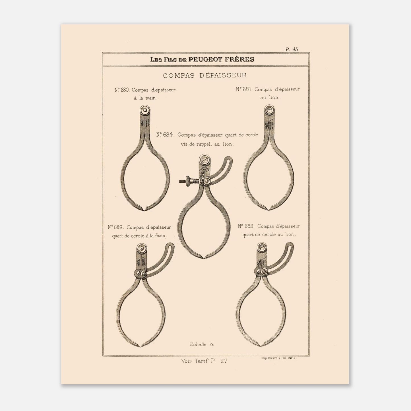 Planche de compas d'épaisseur — Gravure du catalogue Peugeot Frères (1885). Gravure du catalogue Peugeot Frères illustrant cinq types de compas d'épaisseur, avec leurs numéros et descriptions. Image d'illustration 4