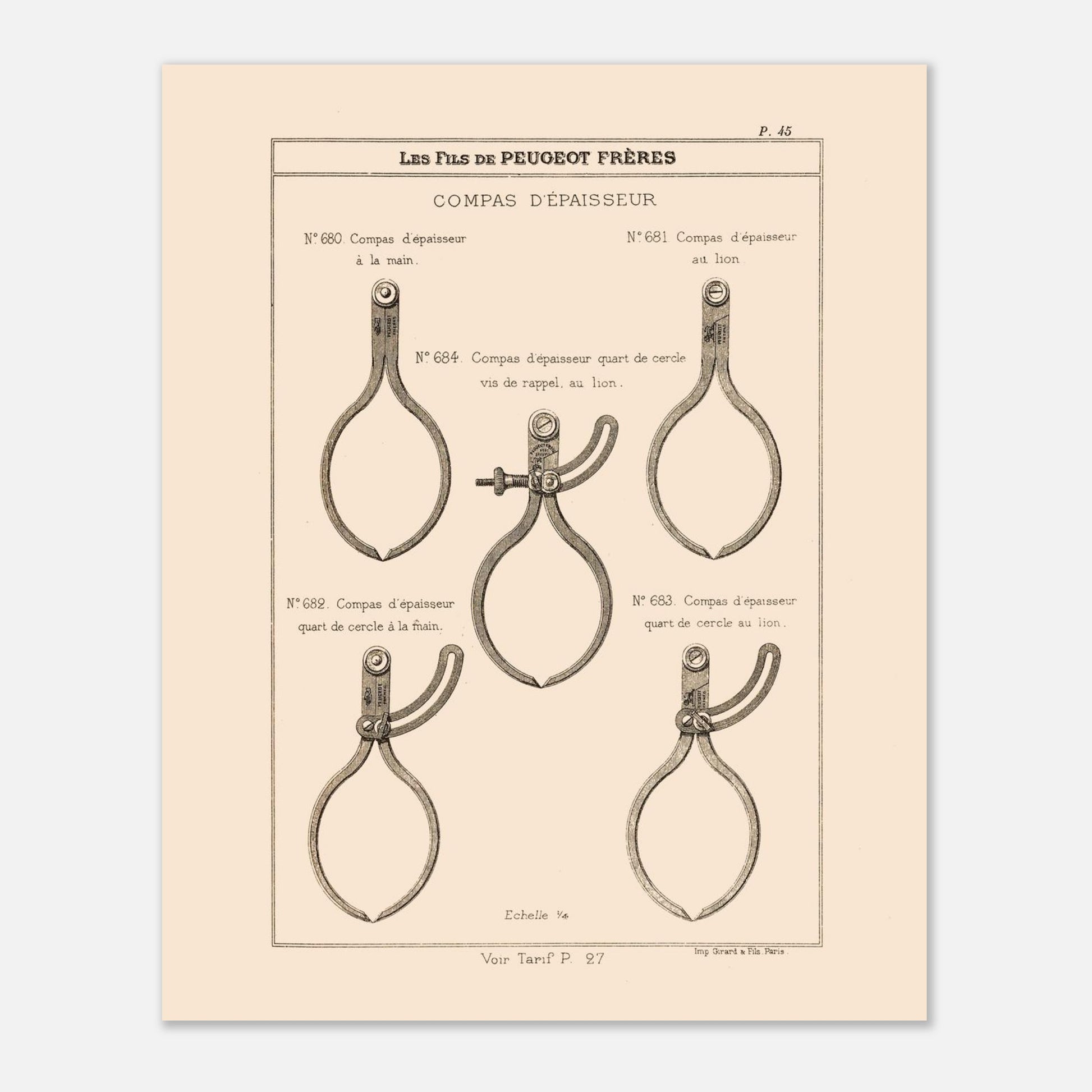 Planche de compas d'épaisseur — Gravure du catalogue Peugeot Frères (1885). Gravure du catalogue Peugeot Frères illustrant cinq types de compas d'épaisseur, avec leurs numéros et descriptions. Image d'illustration 4