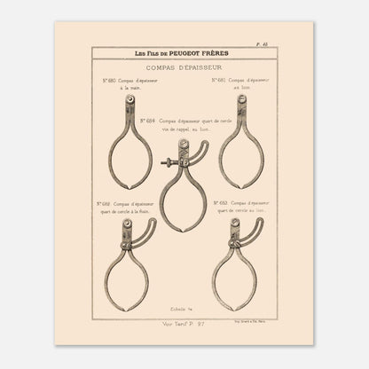 Planche de compas d'épaisseur — Gravure du catalogue Peugeot Frères (1885). Gravure du catalogue Peugeot Frères illustrant cinq types de compas d'épaisseur, avec leurs numéros et descriptions. Image d'illustration 4